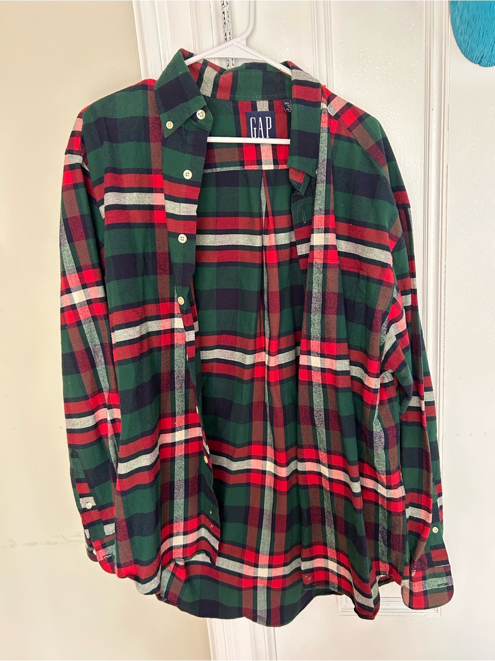☀️3/$25 Gap green, red, navy plaid flannel button-down shirt check large vintage